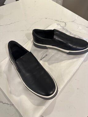 Vince Black Leather Slip-On Loafers with White Contrast Sole